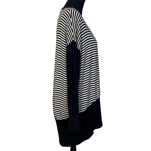 DKNY Womens P/S Cardigan Sweater Black White Striped Wool Blend Knit Open Front - Picture 2 of 6